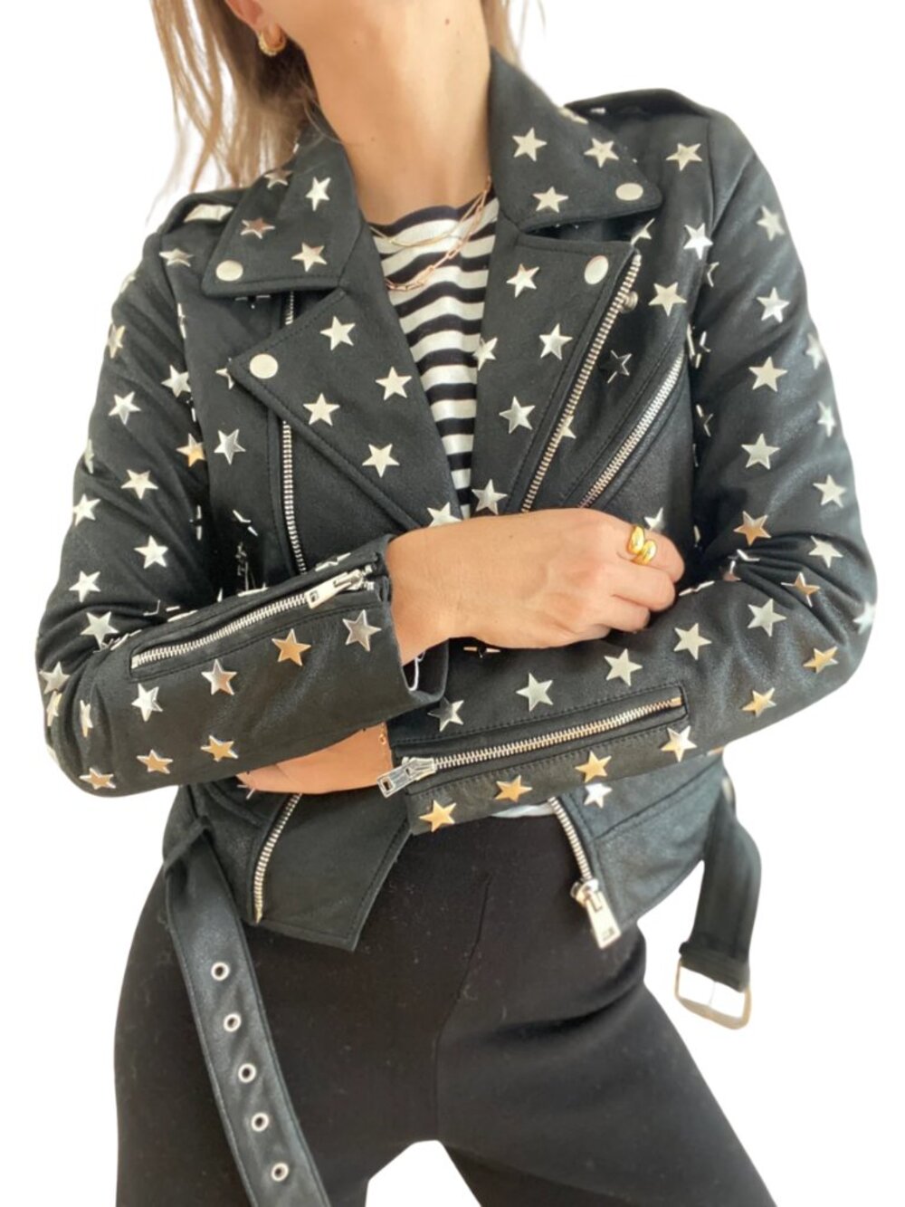 Maje Star Studded Lamb Leather Moto Jacket Black Cropped Belted Size US 6 FR 38 - Picture 2 of 6